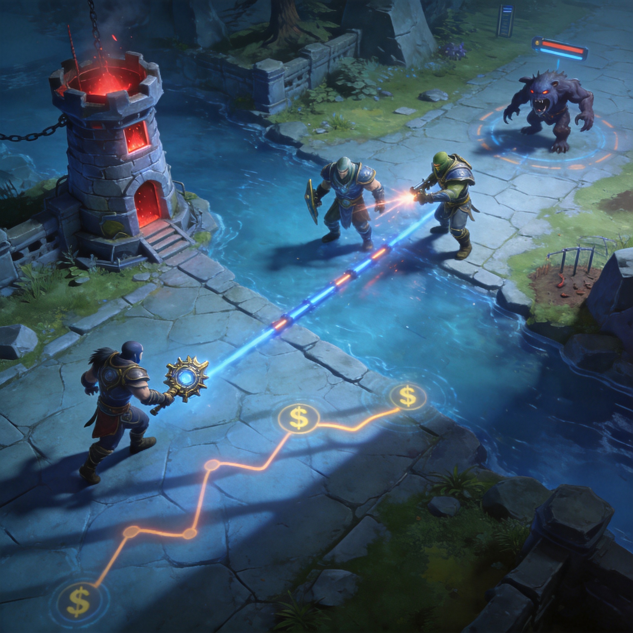 DOTA2电竞赛事分路对线与资源曲线数据展示示意